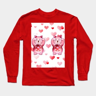 Cute pink lucky cat maneki neko with hearts Long Sleeve T-Shirt